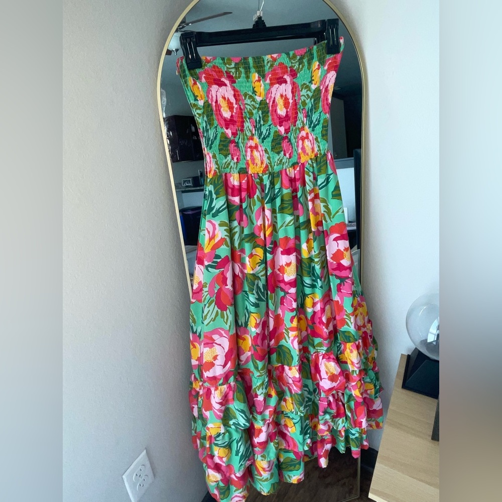 Floral Smocked Strapless Dress in Green and Pink
